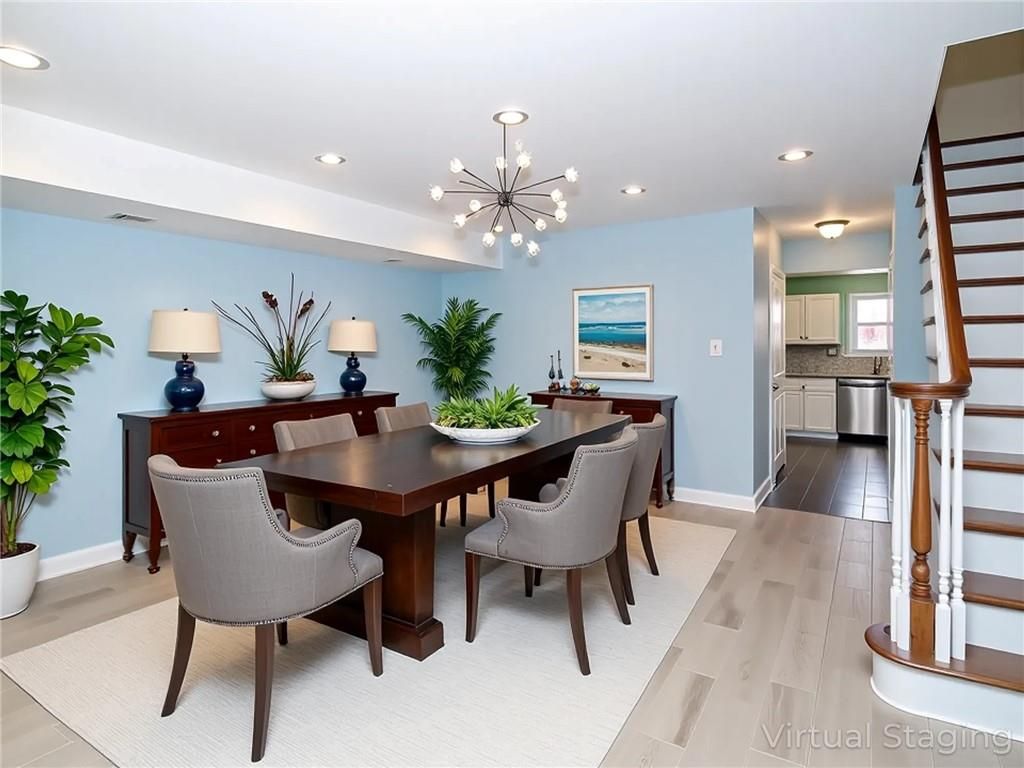 Dining room, Interior, Kitchen, Pendant Lights, Recessed Lighting, Stainless Steel Appliances, Wood Texture Flooring
