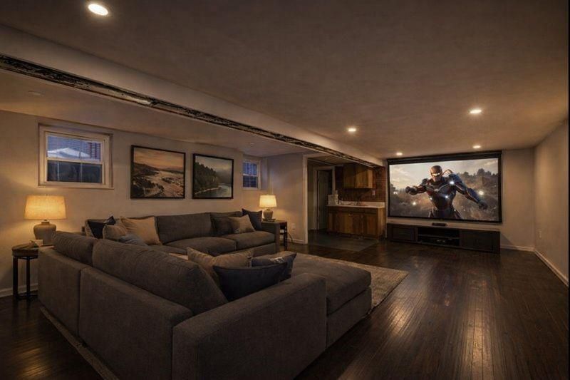Interior, Living room, Projection Screen, Recessed Lighting, Wood Texture Flooring