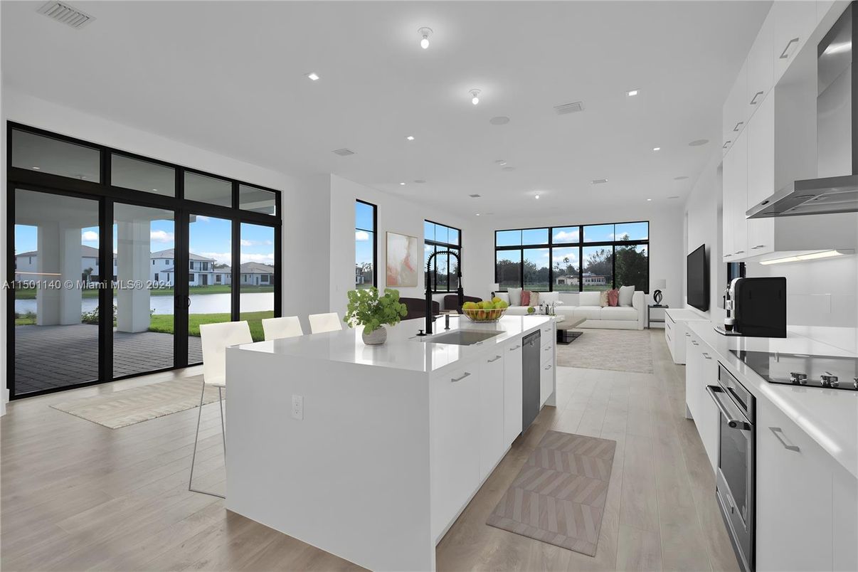 Dining room, Interior, Kitchen, Living room, Recessed Lighting, Wood Texture Flooring