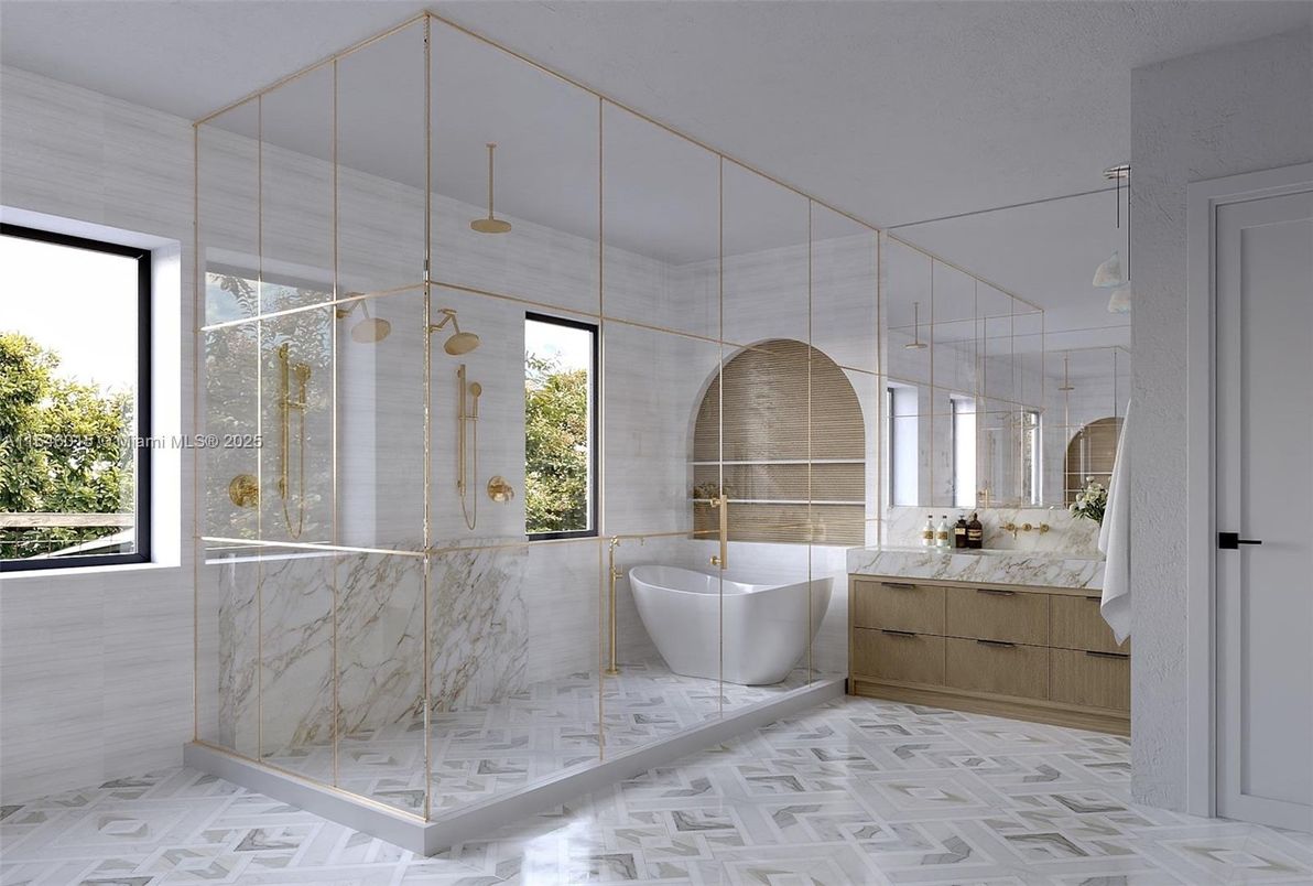 Bathroom, Free Standing Baths, Glass Shower, Interior, Marble Walls, Pendant Lights