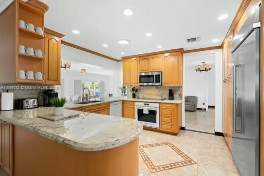 Chandelier, Interior, Kitchen, Recessed Lighting, Stainless Steel Appliances