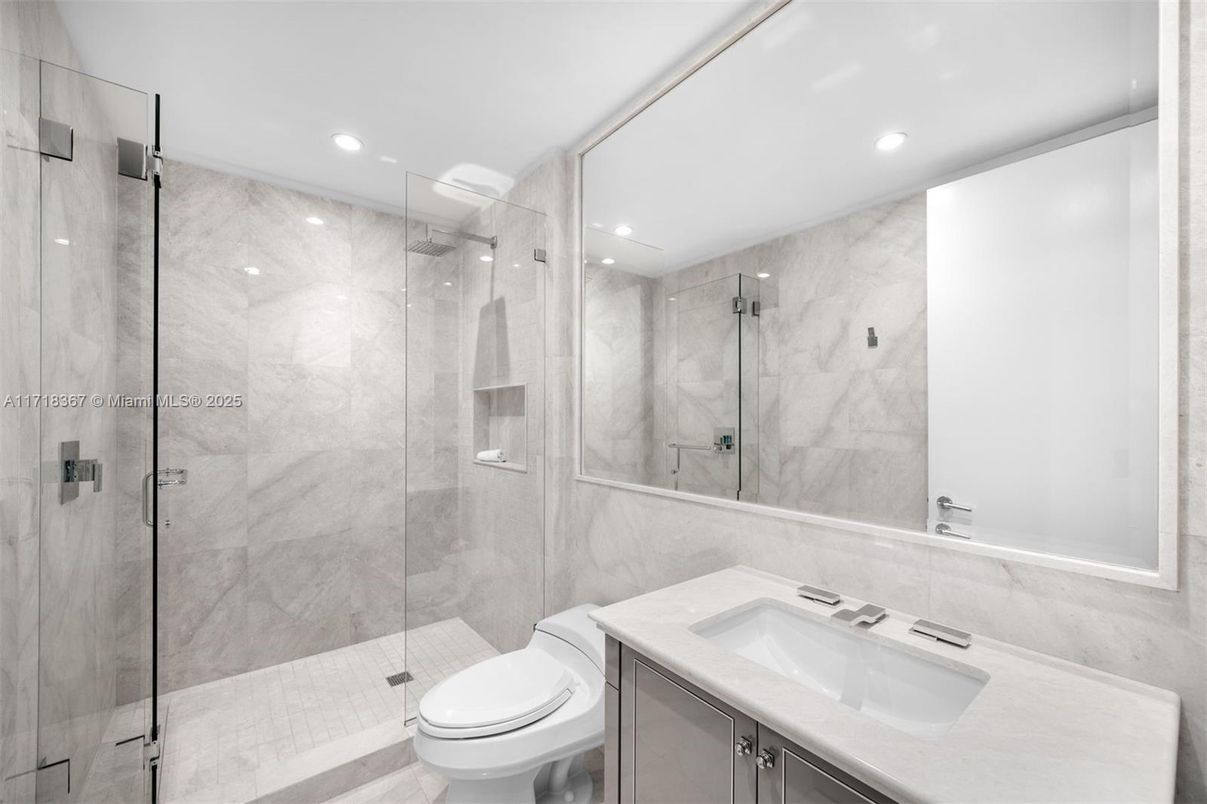 Bathroom, Glass Shower, Interior, Marble Walls, Recessed Lighting