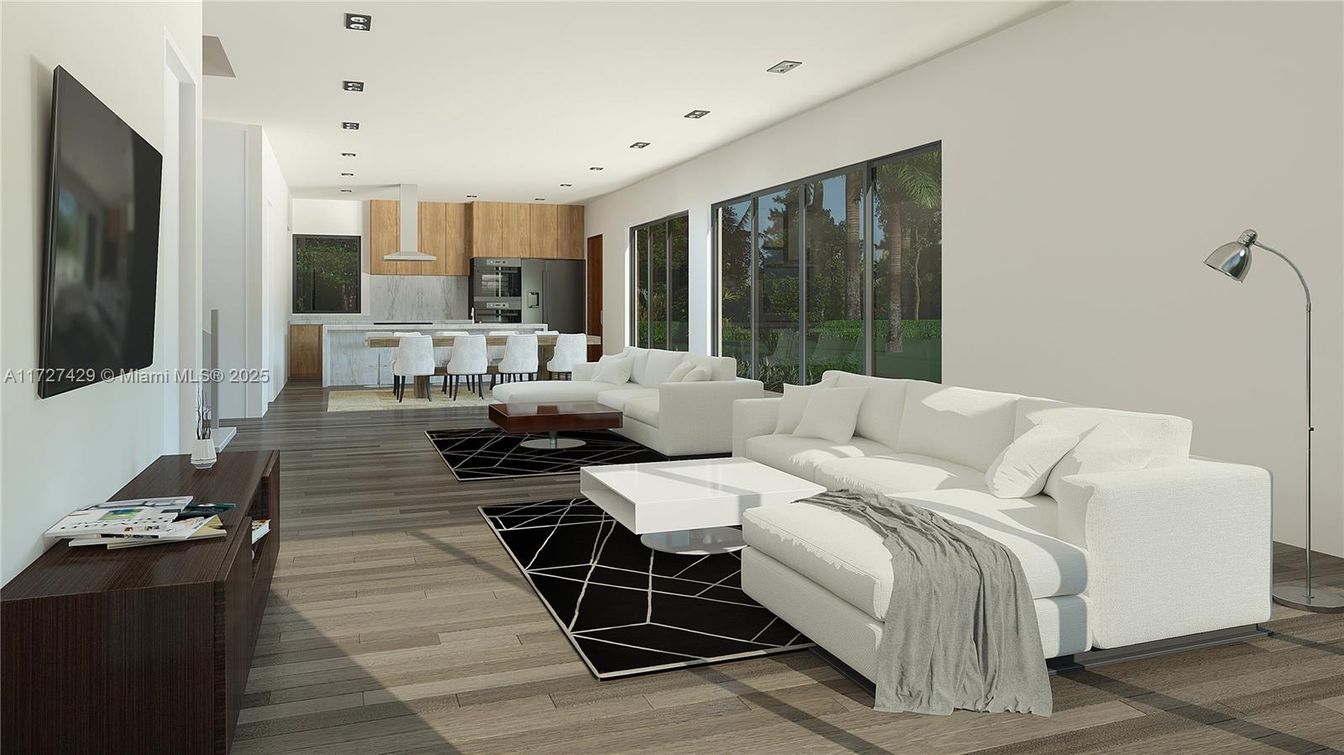 Interior, Kitchen, Living room, Recessed Lighting, Wood Texture Flooring