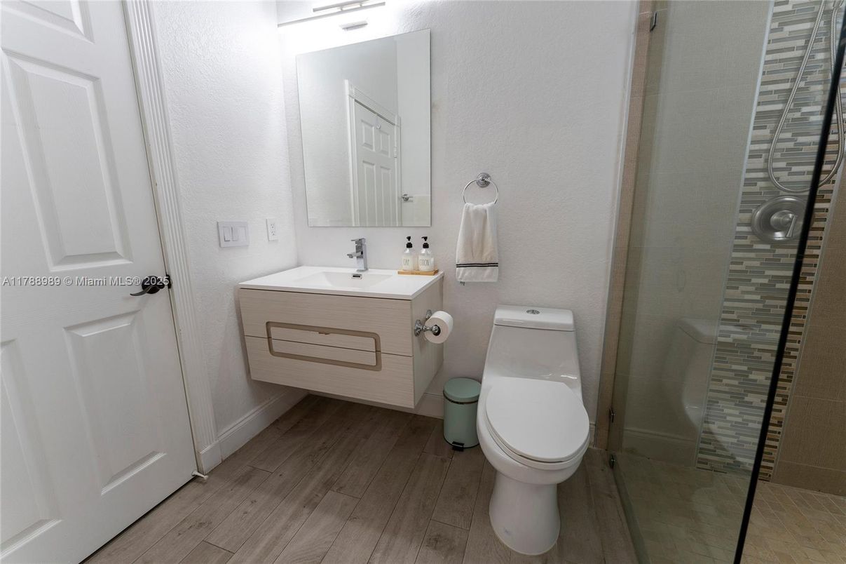 Bathroom, Glass Shower, Interior, Wood Texture Flooring