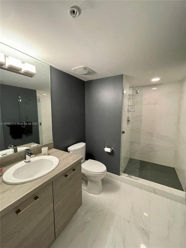 Bathroom, Glass Shower, Interior, Marble, Marble Walls, Recessed Lighting