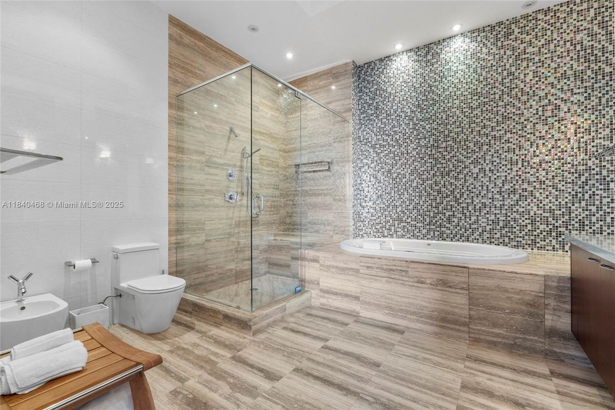 Bathroom, Glass Shower, Interior, Recessed Lighting, Wood Texture Flooring