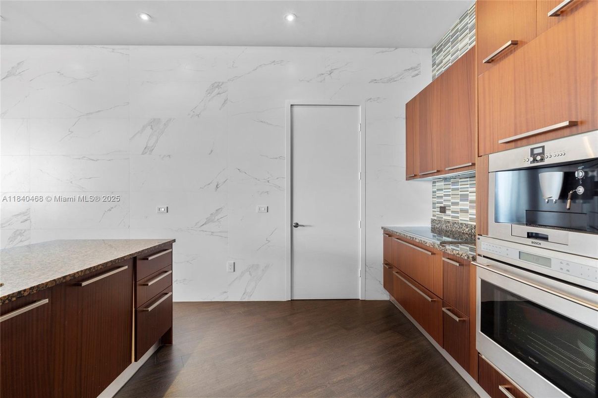 Interior, Kitchen, Marble Walls, Recessed Lighting, Wood Texture Flooring