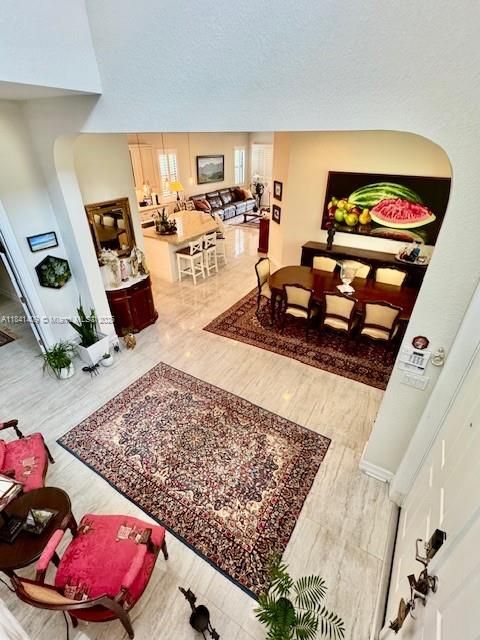 Dining room, Interior, Living room, Pendant Lights, Wood Texture Flooring