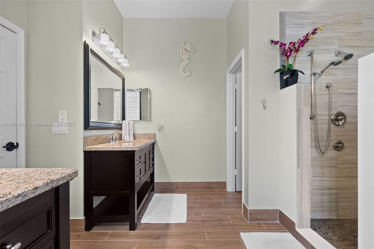 Bathroom, Glass Shower, Interior, Wood Texture Flooring