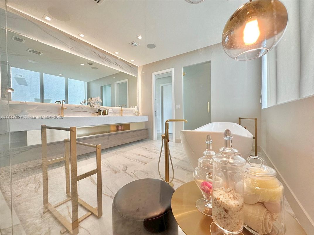 Bathroom, Dual Sink Vanities, Free Standing Baths, Interior, Marble, Recessed Lighting, Water