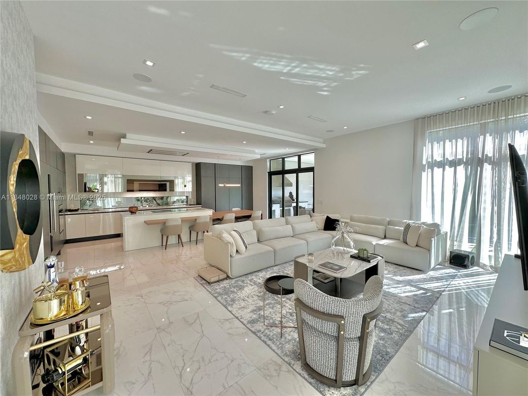 Dining room, Interior, Kitchen, Living room, Marble, Recessed Lighting, Stainless Steel Appliances