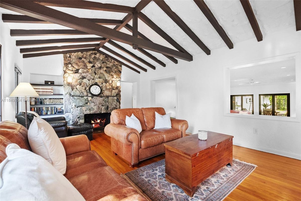 Fireplace, Interior, Living room, Stone Walls, Wooden Beams, Wood Texture Flooring