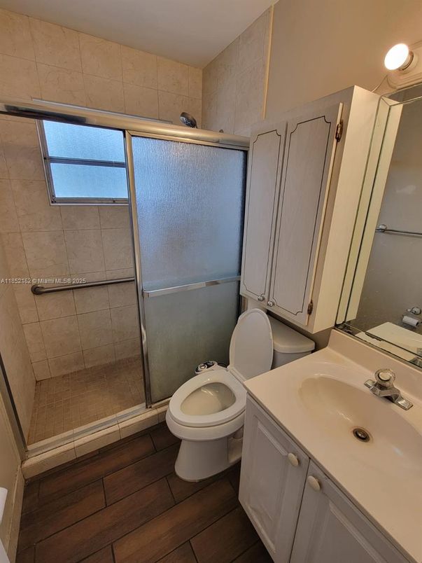 Bathroom, Glass Shower, Interior, Recessed Lighting, Wood Texture Flooring