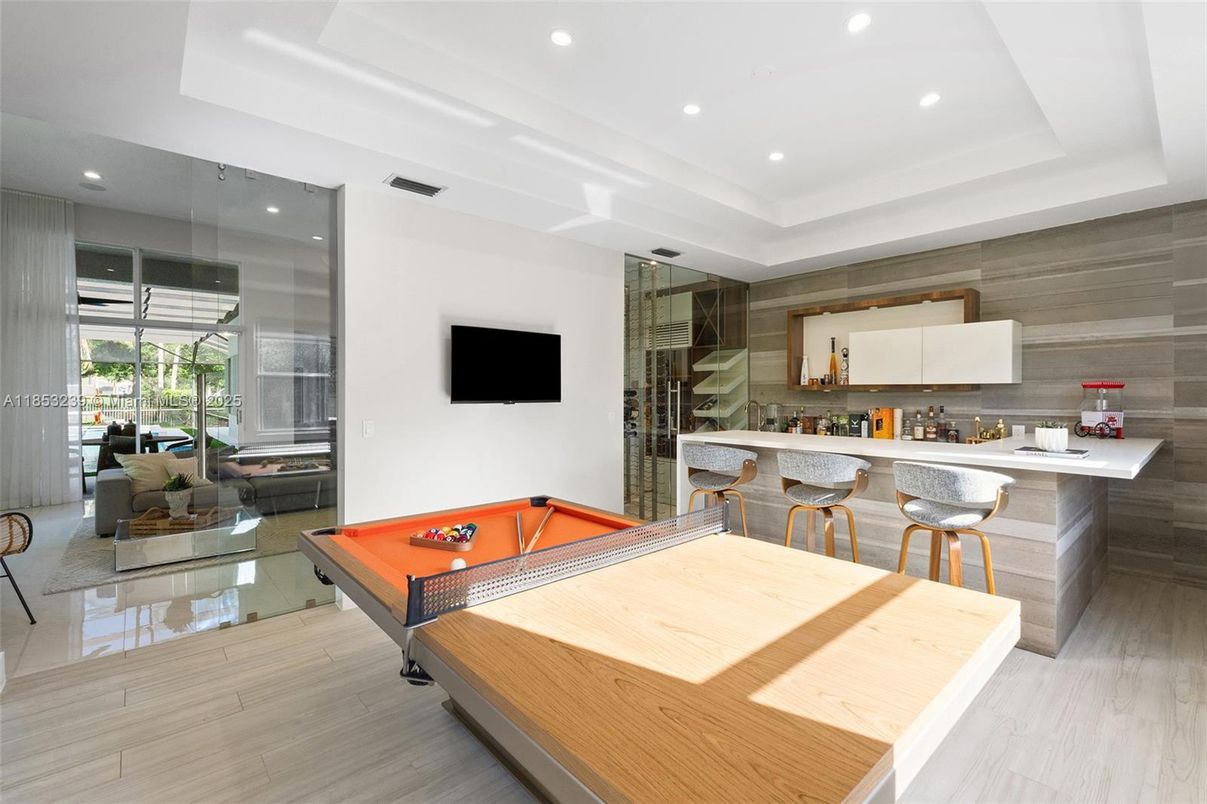 Billiard Table, Game Room, Interior, Recessed Lighting, Wood Texture Flooring