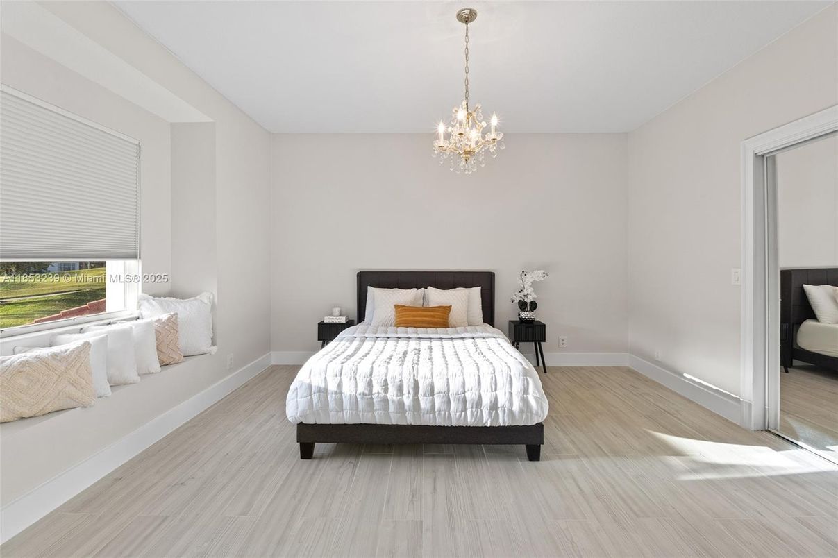 Bedroom, Chandelier, Interior, Wood Texture Flooring