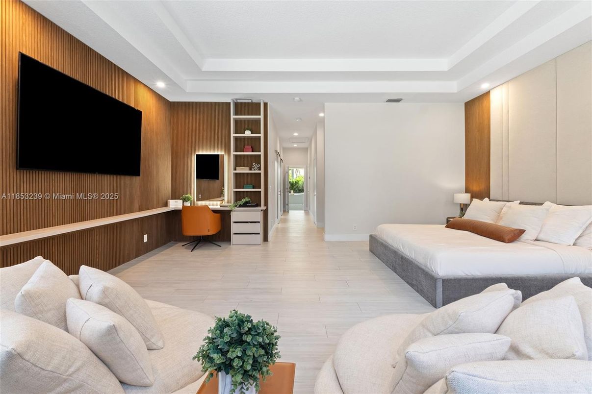 Bedroom, Home Office, Interior, Recessed Lighting, Wood Texture Flooring, Wooden Walls