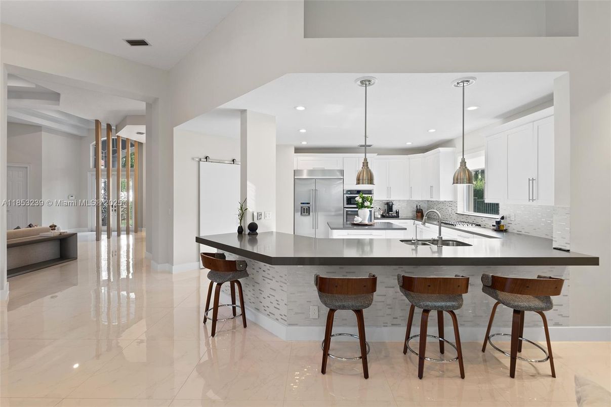 Interior, Kitchen, Marble, Pendant Lights, Recessed Lighting, Stainless Steel Appliances