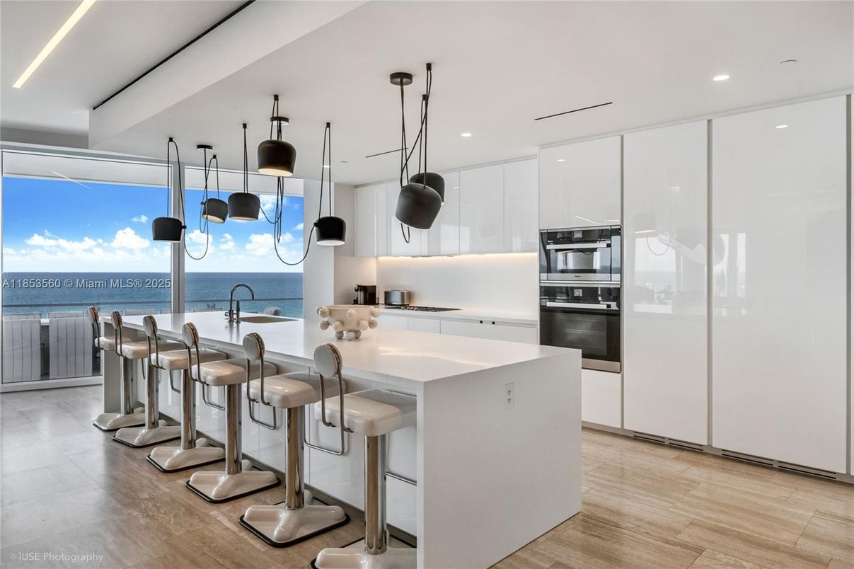 Interior, Kitchen, Pendant Lights, Recessed Lighting, Stainless Steel Appliances, Water, Wood Texture Flooring