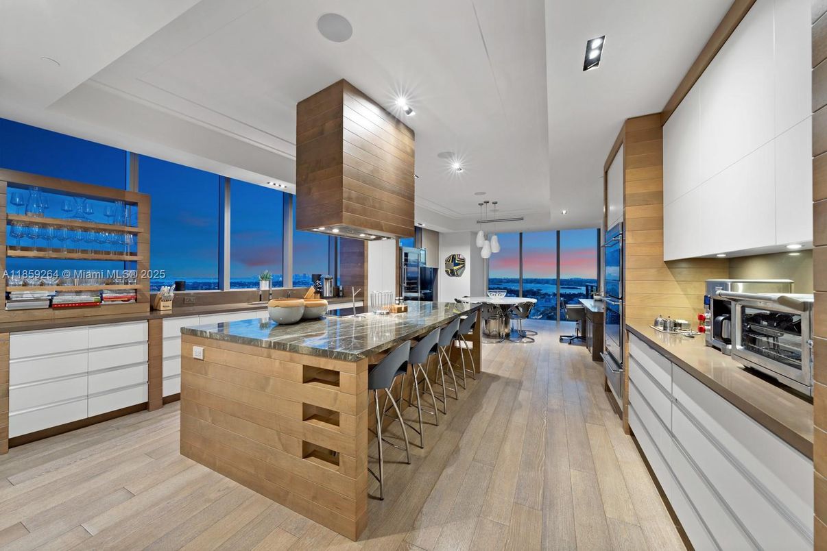 Interior, Kitchen, Pendant Lights, Recessed Lighting, Stainless Steel Appliances, Water, Wood Texture Flooring