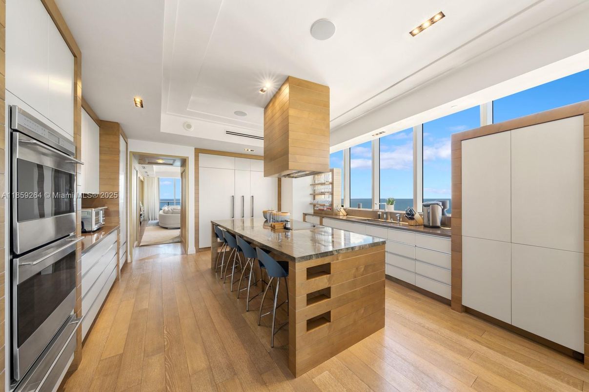 Interior, Kitchen, Recessed Lighting, Stainless Steel Appliances, Water, Wood Texture Flooring