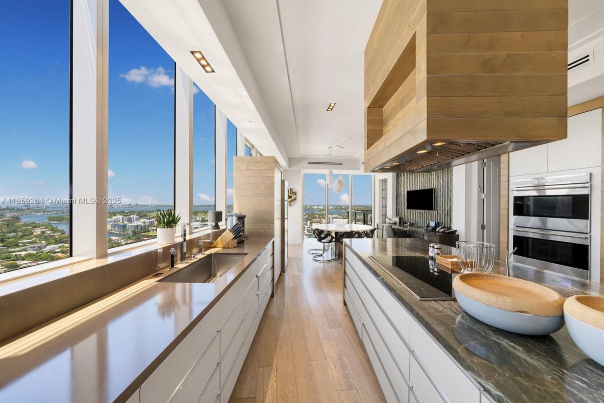 Interior, Kitchen, Recessed Lighting, Stainless Steel Appliances, Water, Wood Texture Flooring