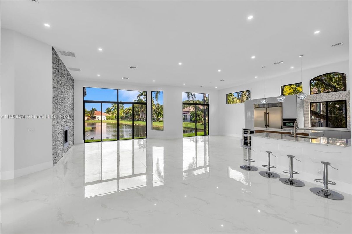 Interior, Kitchen, Marble, Pendant Lights, Recessed Lighting, Stainless Steel Appliances, Water