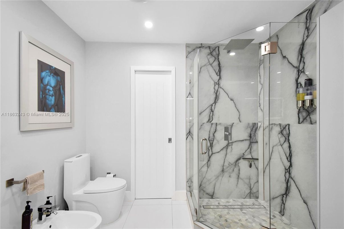 Bathroom, Glass Shower, Interior, Marble Walls, Recessed Lighting