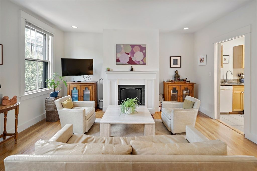 Fireplace, Interior, Living room, Recessed Lighting, Wood Texture Flooring