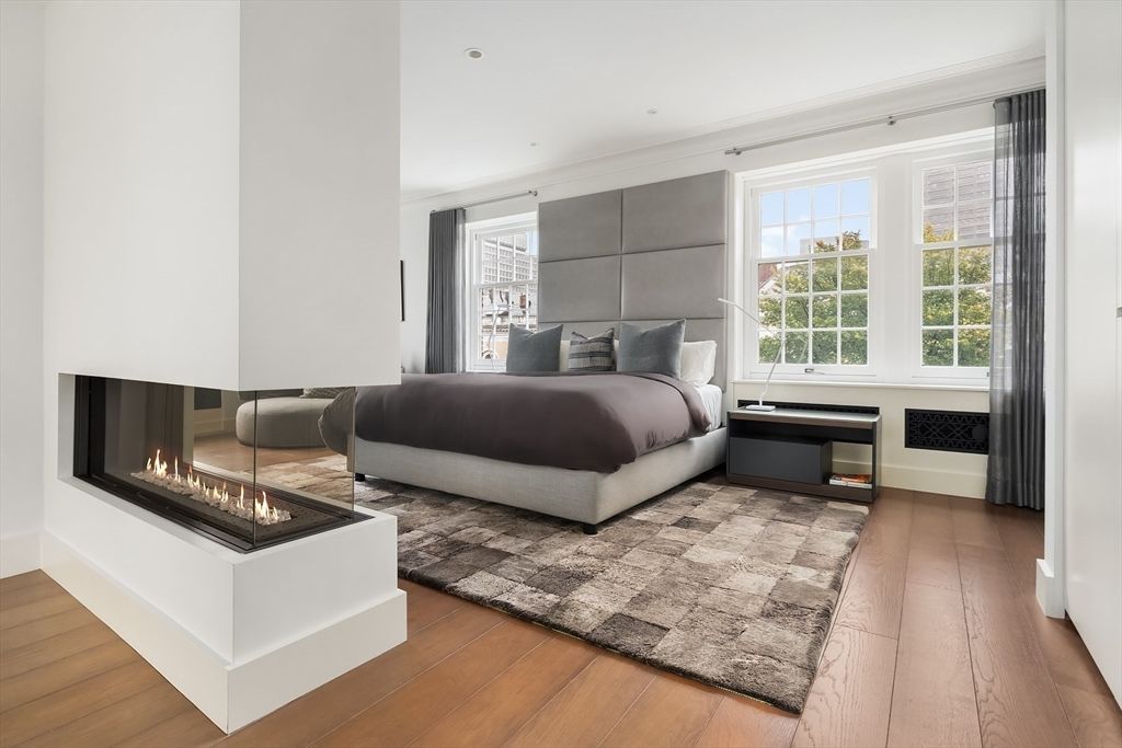 Bedroom, Fireplace, Interior, Recessed Lighting, Wood Texture Flooring