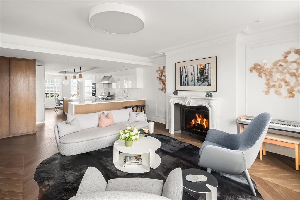 Dining room, Fireplace, Interior, Kitchen, Living room, Pendant Lights, Wood Texture Flooring