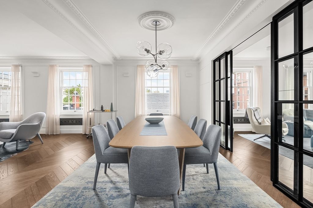 Chandelier, Dining room, Interior, Pendant Lights, Wood Texture Flooring