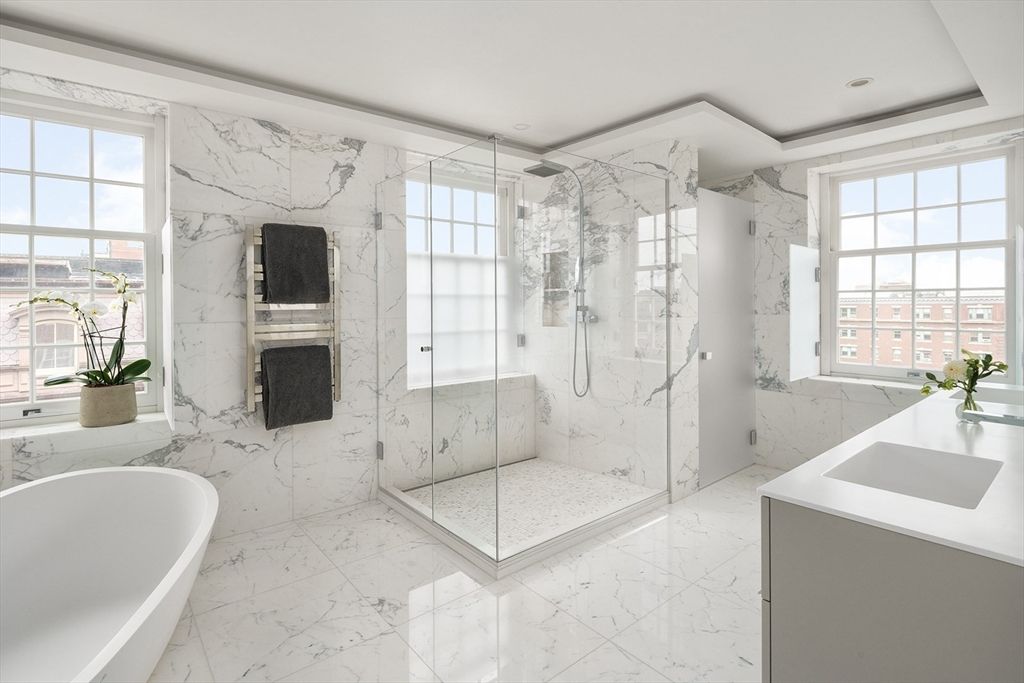 Bathroom, Free Standing Baths, Glass Shower, Interior, Marble, Marble Walls, Recessed Lighting