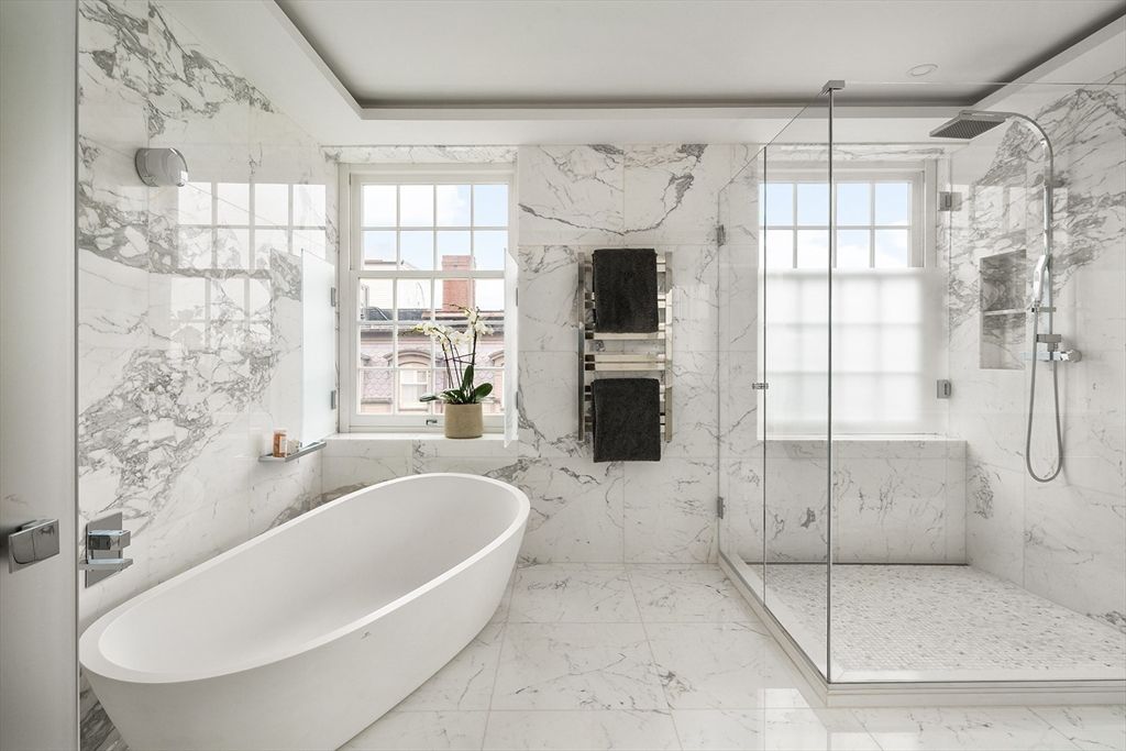 Bathroom, Free Standing Baths, Glass Shower, Interior, Marble, Marble Walls