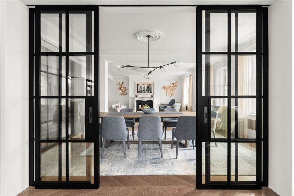 Dining room, Fireplace, Interior, Pendant Lights, Wood Texture Flooring