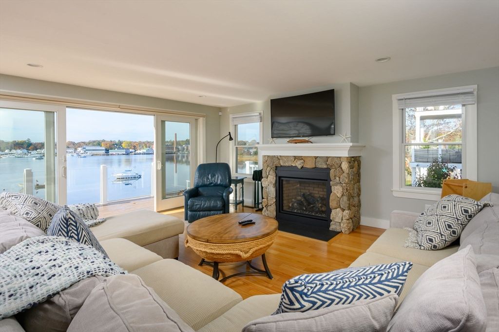 Fireplace, Interior, Living room, Water, Wood Texture Flooring