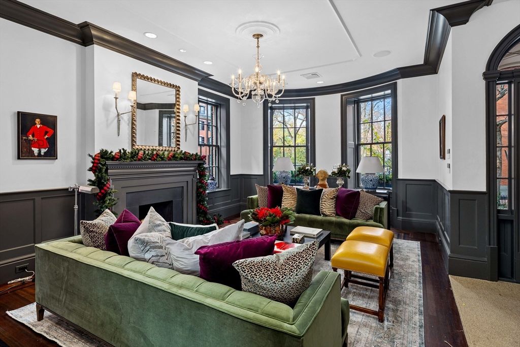 Chandelier, Fireplace, Interior, Living room, Recessed Lighting, Wood Texture Flooring