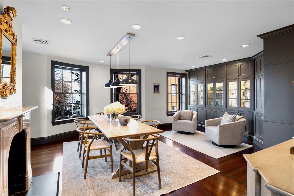 Dining room, Fireplace, Interior, Living room, Pendant Lights, Recessed Lighting, Wood Texture Flooring