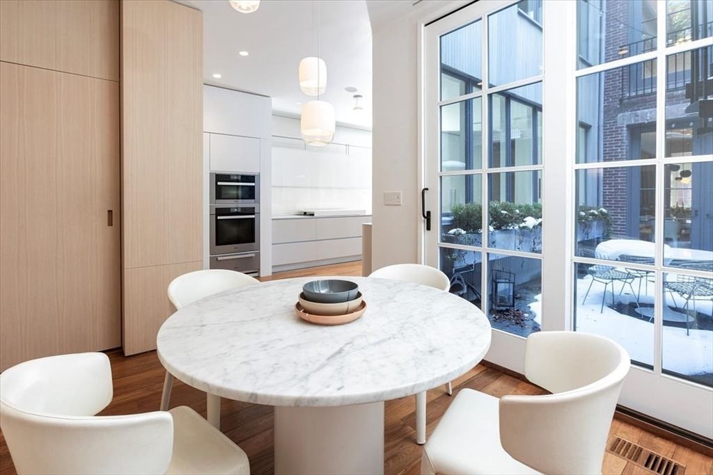 Dining room, Interior, Kitchen, Pendant Lights, Recessed Lighting, Stainless Steel Appliances, Wood Texture Flooring
