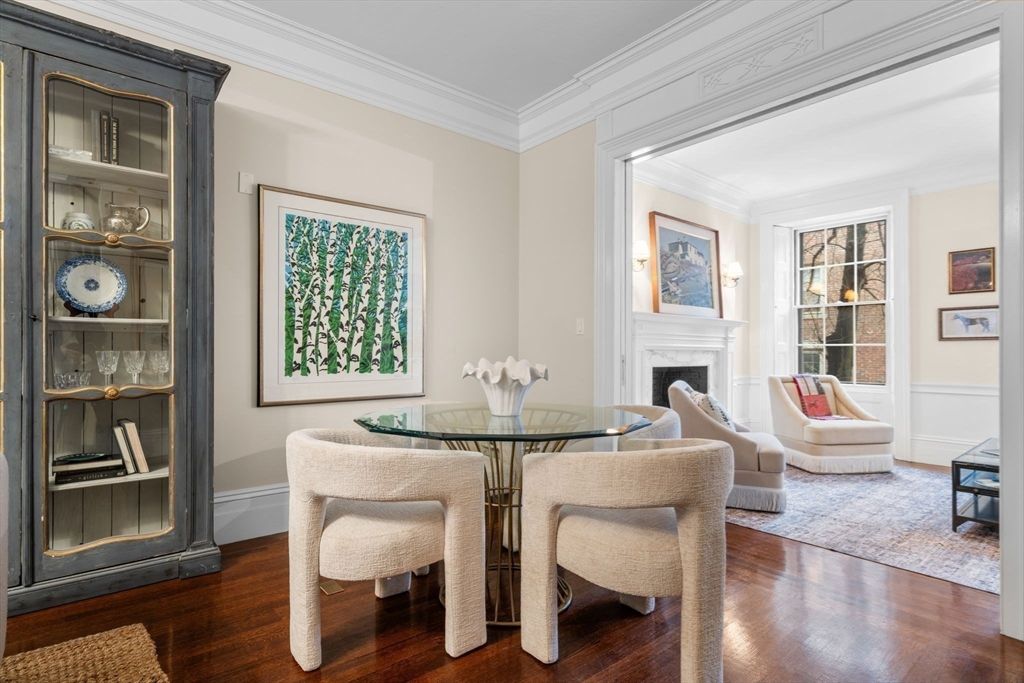 Dining room, Fireplace, Interior, Wood Texture Flooring