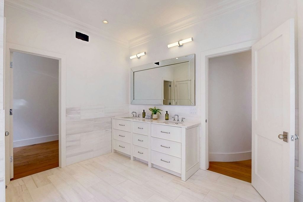 Bathroom, Dual Sink Vanities, Interior, Recessed Lighting, Wood Texture Flooring