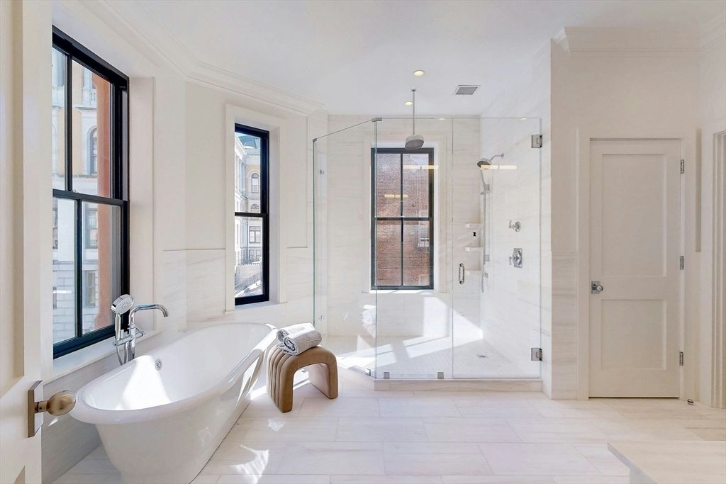 Bathroom, Free Standing Baths, Glass Shower, Interior, Recessed Lighting