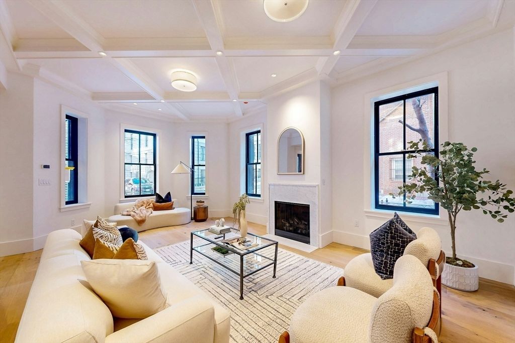 Fireplace, Interior, Living room, Recessed Lighting, Wood Texture Flooring