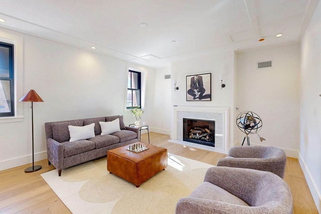 Fireplace, Interior, Living room, Recessed Lighting, Wood Texture Flooring