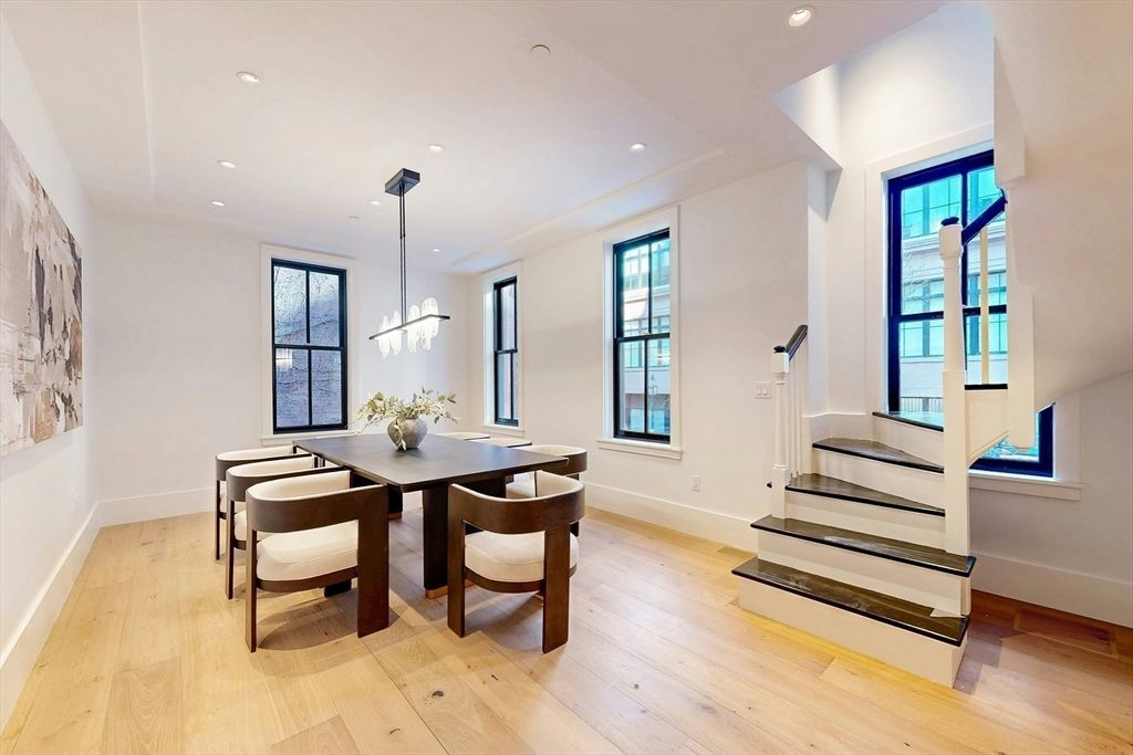 Dining room, Interior, Pendant Lights, Recessed Lighting, Wood Texture Flooring