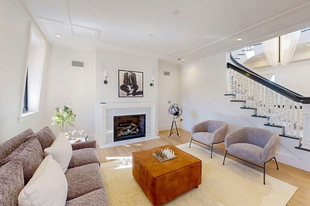 Fireplace, Interior, Living room, Recessed Lighting, Wood Texture Flooring