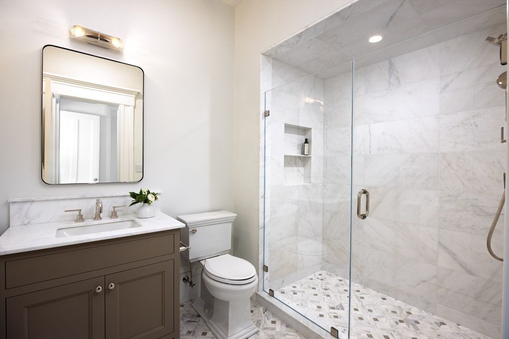 Bathroom, Glass Shower, Interior, Marble, Marble Walls, Recessed Lighting