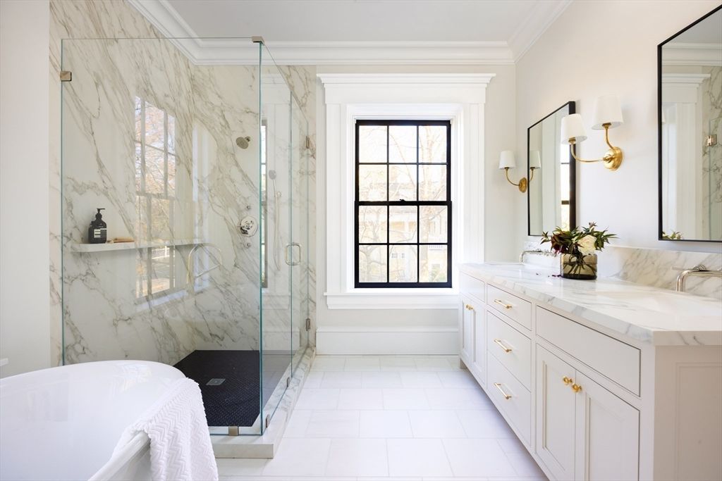 Bathroom, Dual Sink Vanities, Free Standing Baths, Glass Shower, Interior, Marble, Marble Walls