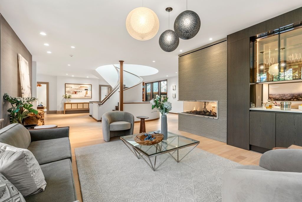 Fireplace, Interior, Living room, Pendant Lights, Recessed Lighting, Wood Texture Flooring