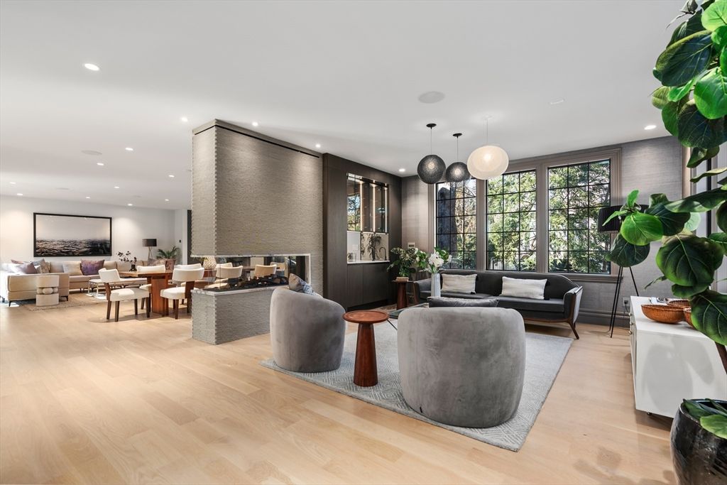 Fireplace, Interior, Living room, Pendant Lights, Recessed Lighting, Wood Texture Flooring