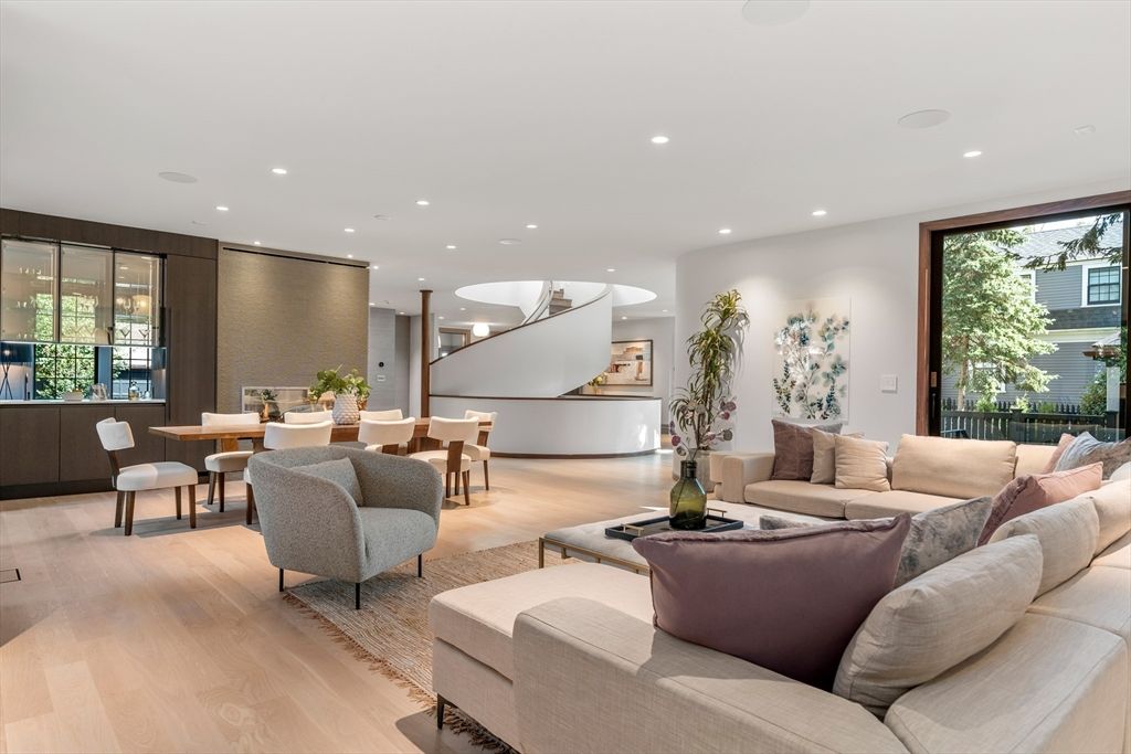 Dining room, Interior, Living room, Recessed Lighting, Wood Texture Flooring